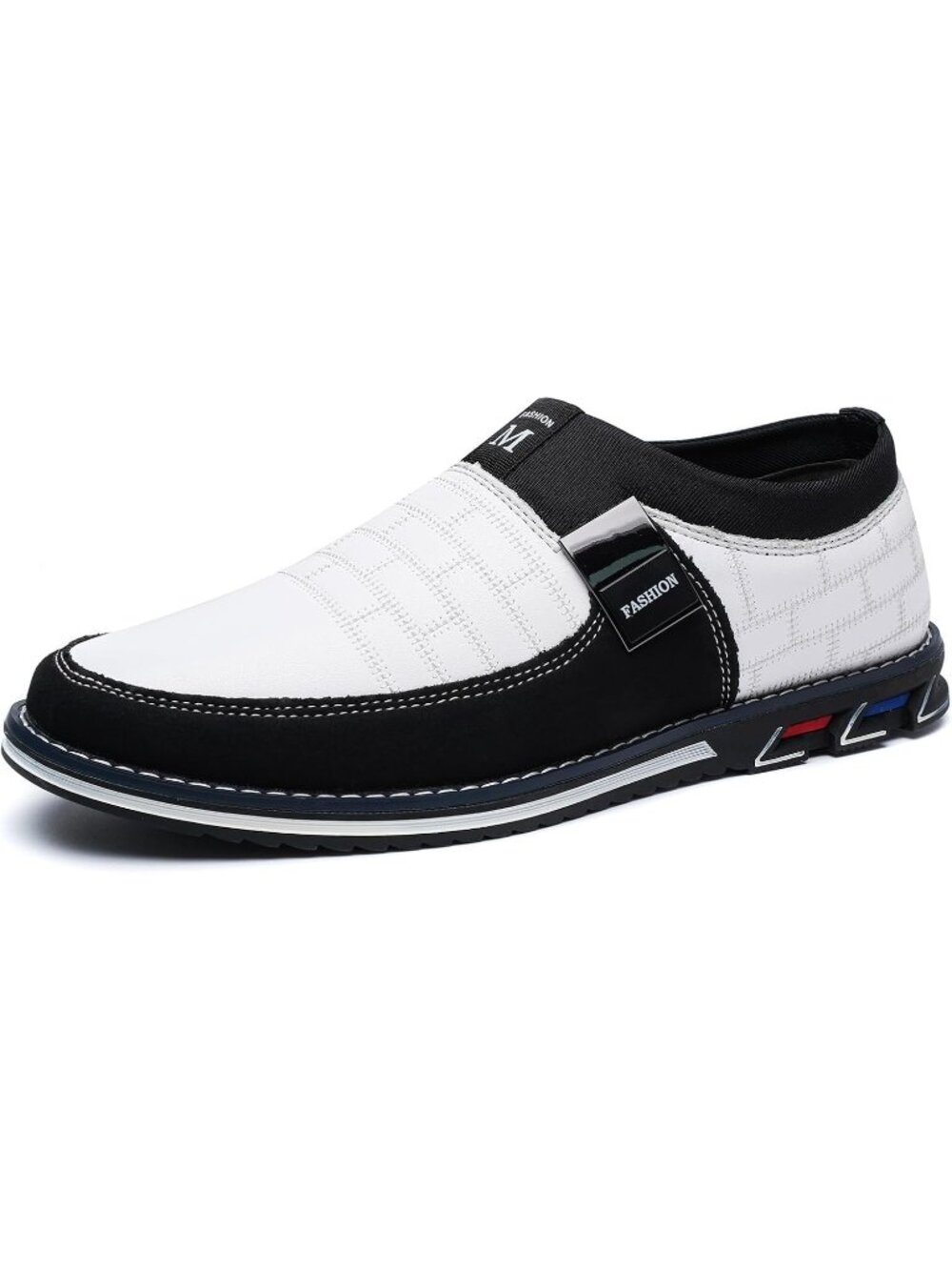 Men's White Grid Embossed Leather Comfort Two-Tone Casual Slip On Dress Loafers
